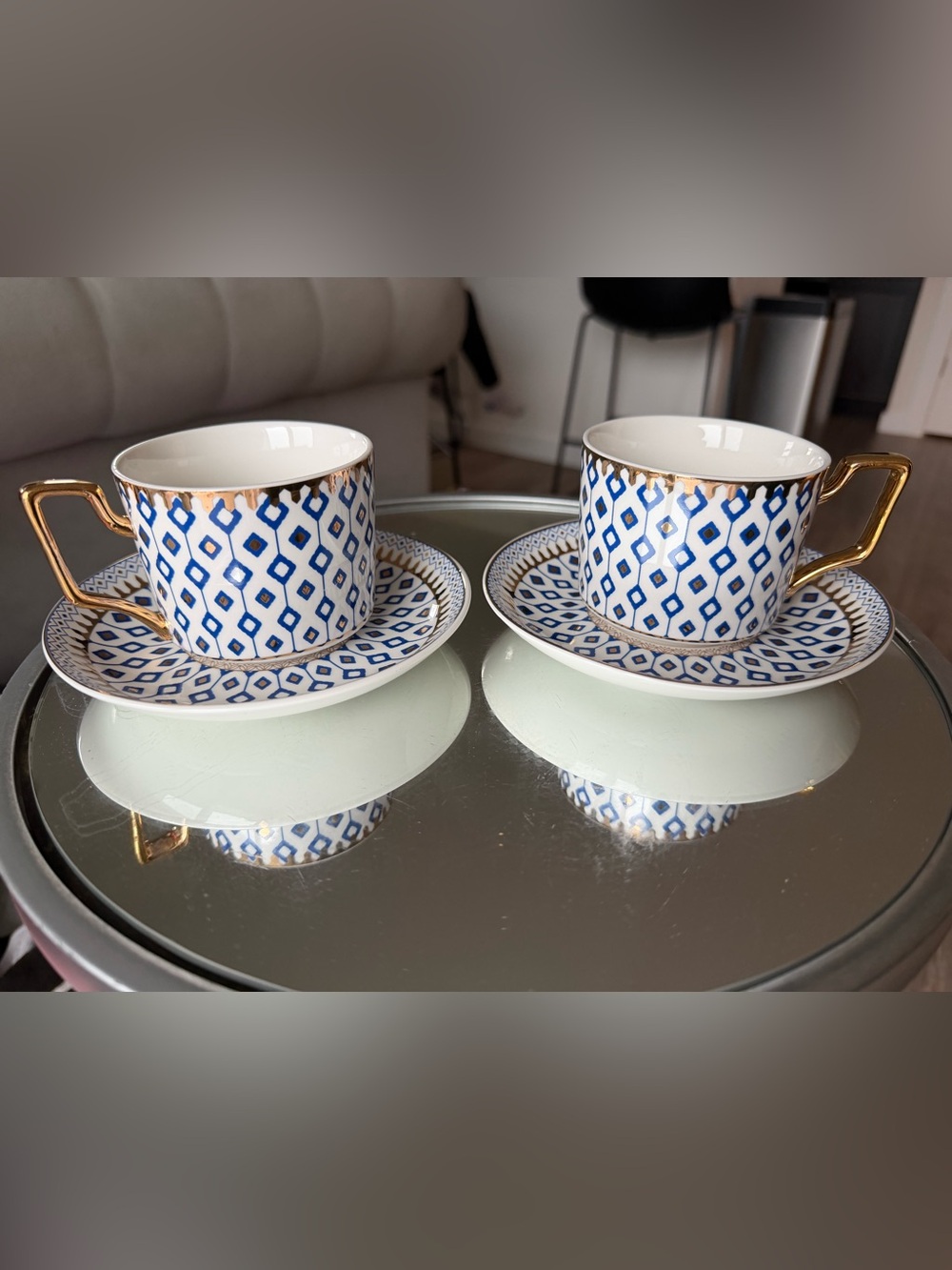 Grace Teaware Fine Porcelain Blue White Gold Teacup & Saucer Set of 2
